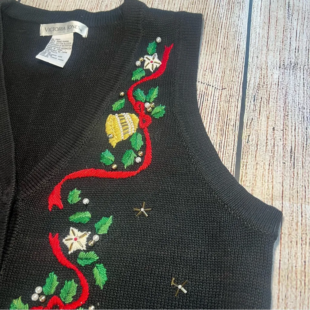 VTG Victoria Jones Christmas‎ Knit Vest Beaded Embroidered Womens Medium Holiday Black - Image 6