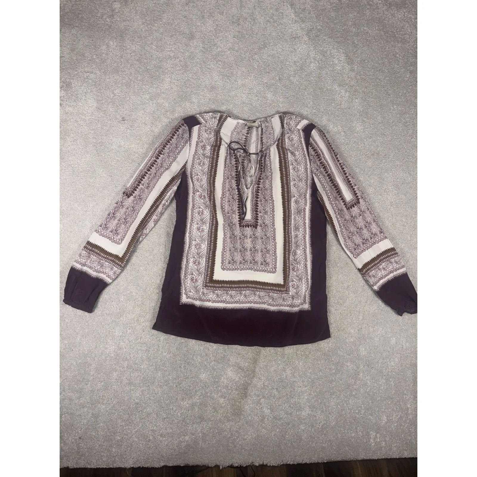 Ecru 100% Silk Cream Maroon Paisley Floral Long Sleeve Keyhole Blouse Size Small - Image 3