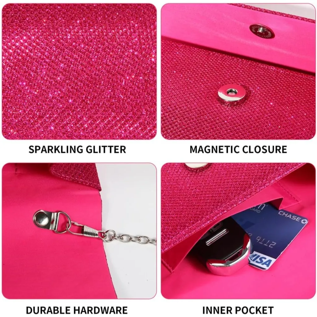 ⚡ Women's Rose Evening Sparkling Button Closure Party Wedding Clutch Handbag Red - Image 4