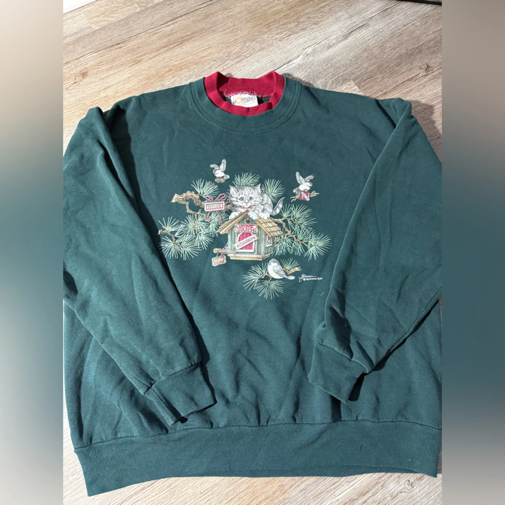 VTG MORNING SUN Green Kitten Cat Birdhouse Christmas Sweatshirt Green Red Size L Size L - Image 6