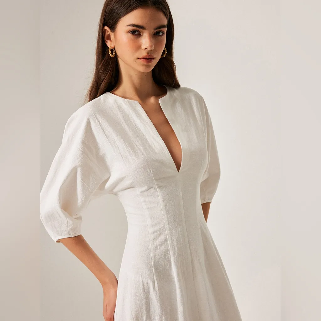 COMMENSE Cotton & Linen Puff Sleeve Dress Without Belt COLOR - Image 2