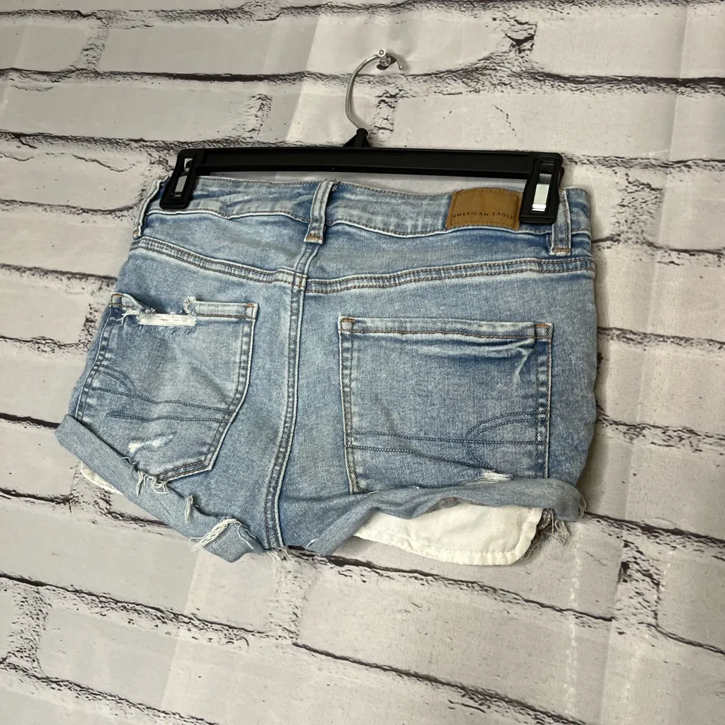 American Eagle Blue Jean Shorts Distressed Frayed Hem SZ 2 Biker High Waist Y2K - Image 11