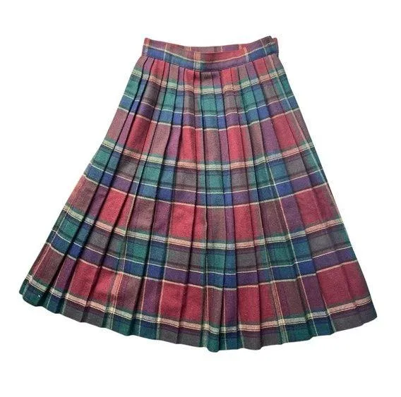 VTG Emily St. John Red Blue Green Plaid Pleated A Line Skirt Size8 MissingButton Size 8 - Image 1