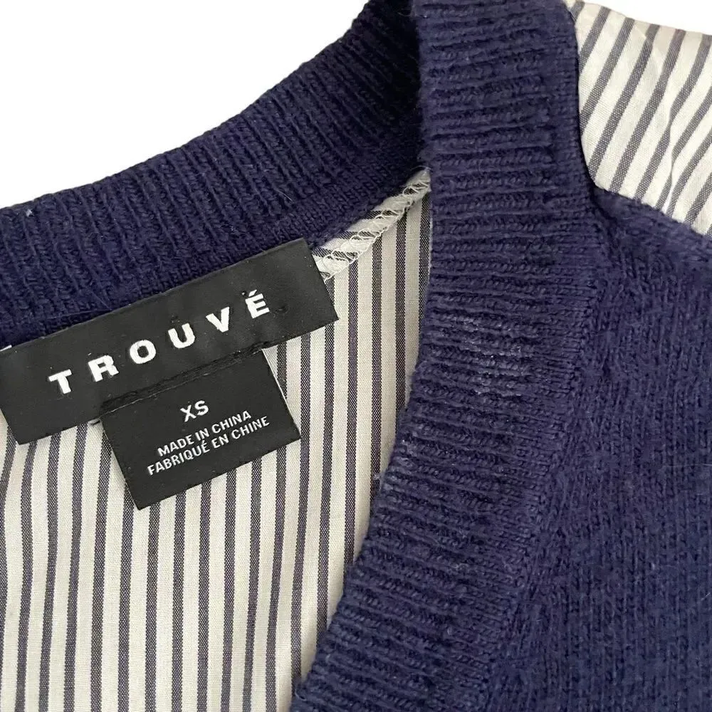 Trouve Mixed Media Solid Front Stripes Back VNeck Lightweight Sweater SZ XS Blue - Image 7