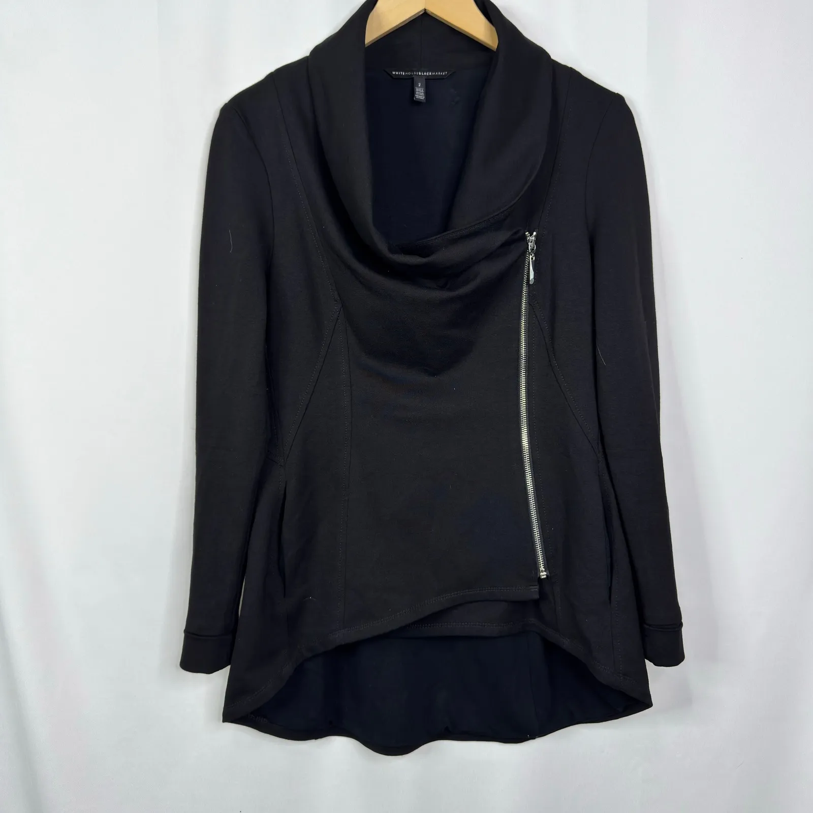 WHBM Black Asymmetrical Zipper Cowl Neck Sweater Jacket Size 2 - Image 7