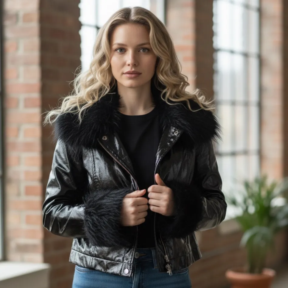 Divided  Black patten Leather cropped Jacket with Faux Fur Trim - Image 2