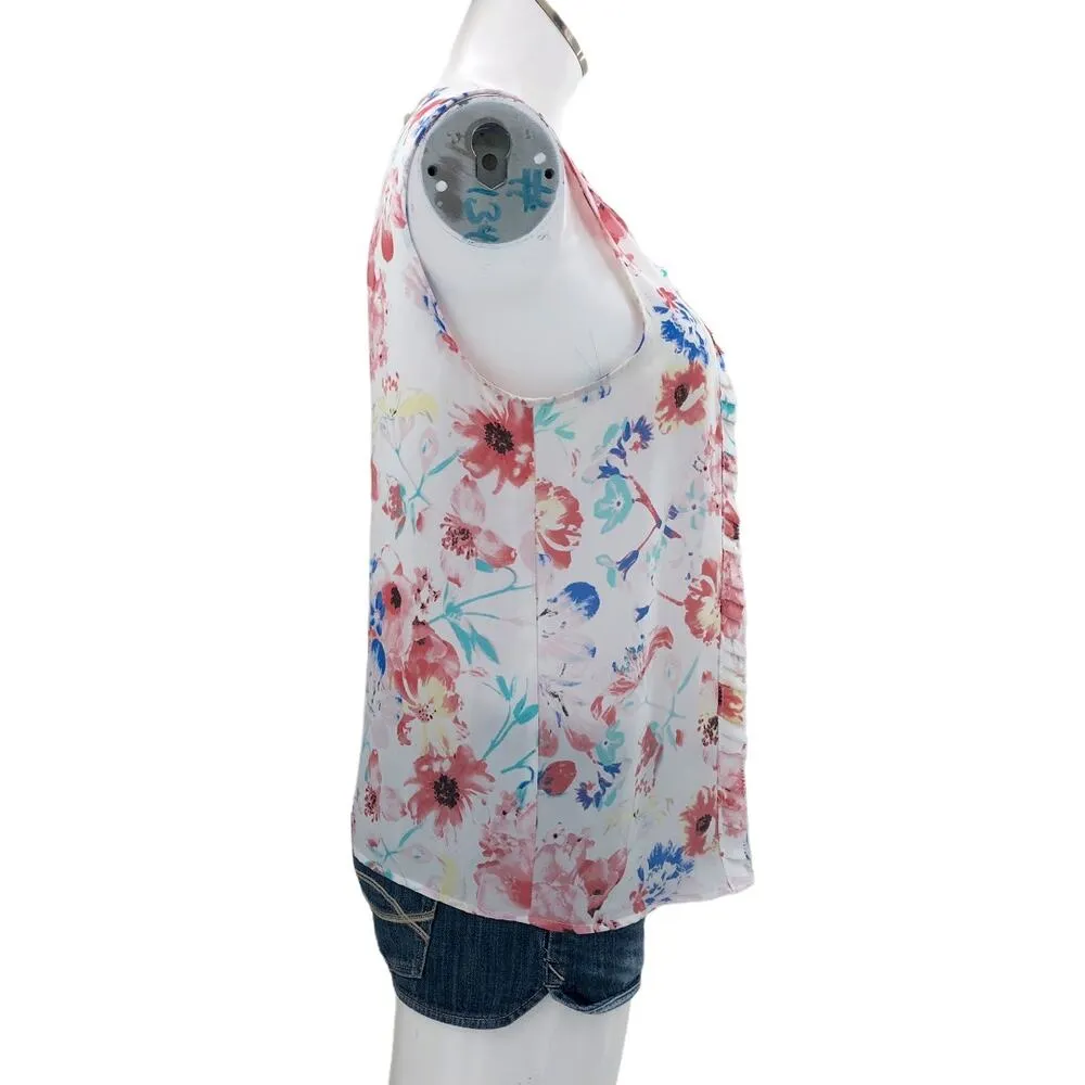 Elle MEDIUM White Pink Floral Chiffon Pleated Scoop Neck Sleeveless Top Blouse - Image 3