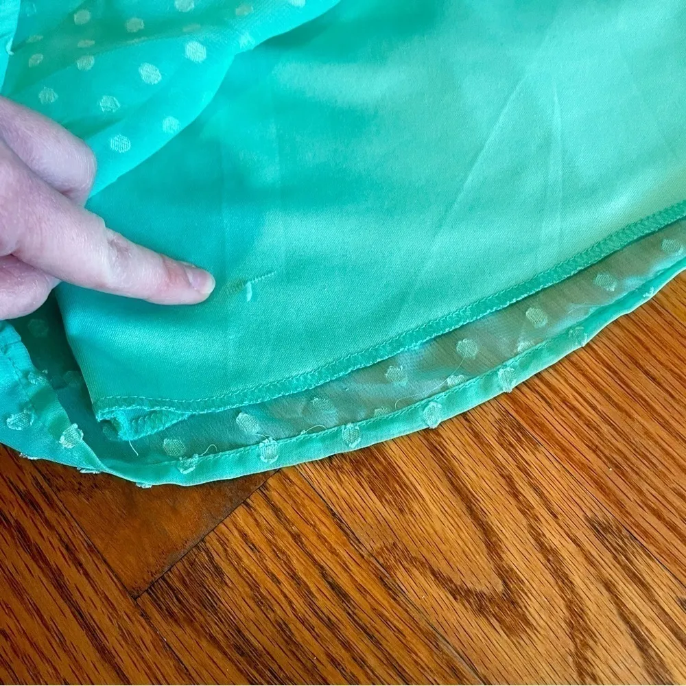 VANITY Aqua Seafoam Green Blue Swiss Dot Textured Mini Surplice Faux Wrap Dress Size M - Image 12