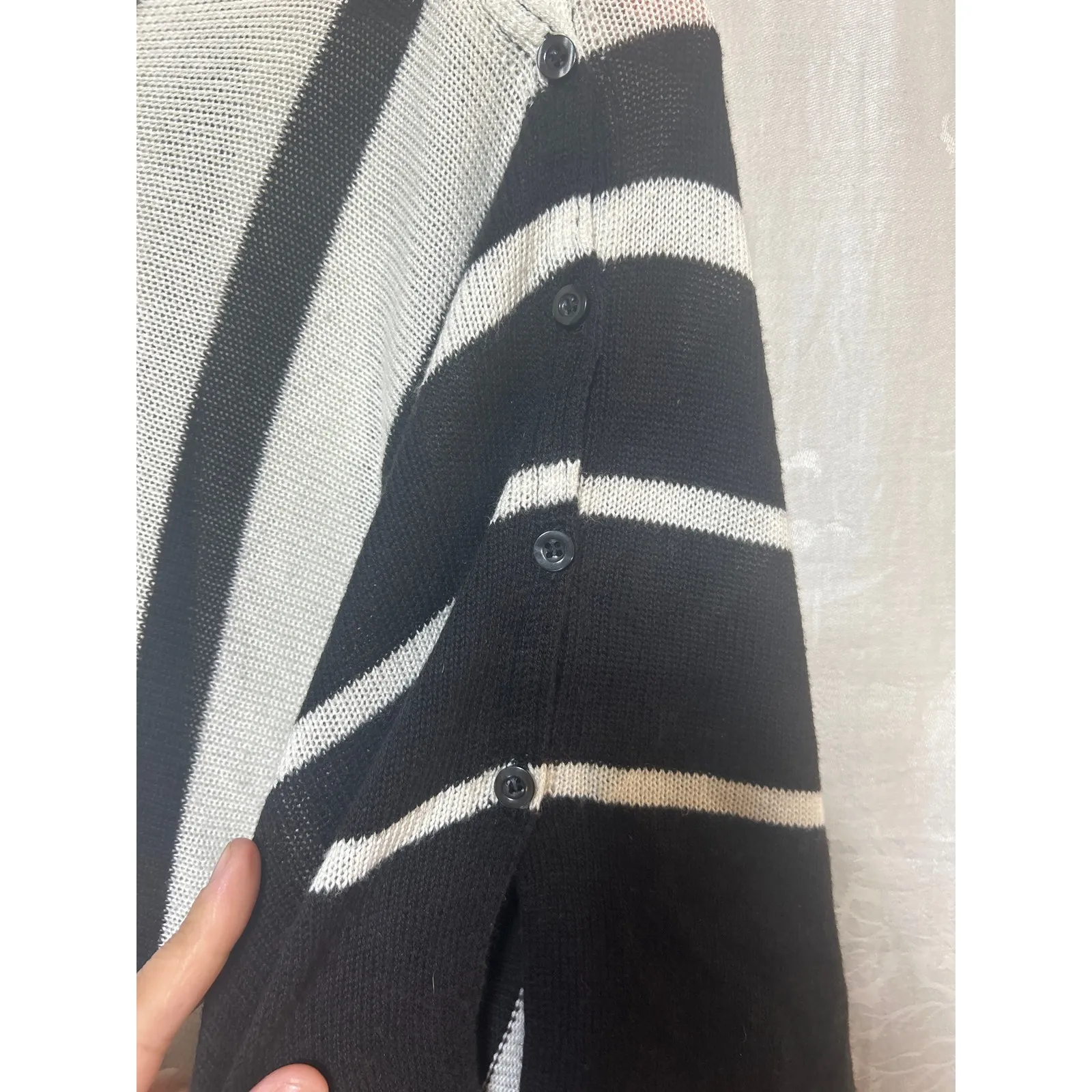 Chicos Poncho OS Black White Striped Knit Sweater One Shoulder Button Detail - Image 6