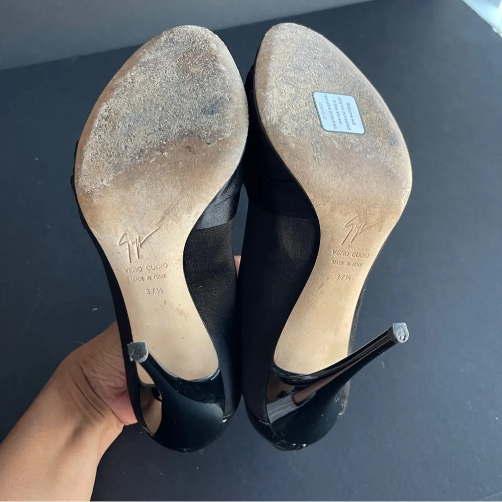 GIUSEPPE ZANOTTI | Black Satin Crystal Knot Peep Toe Heels Sz 37.5 - Image 15