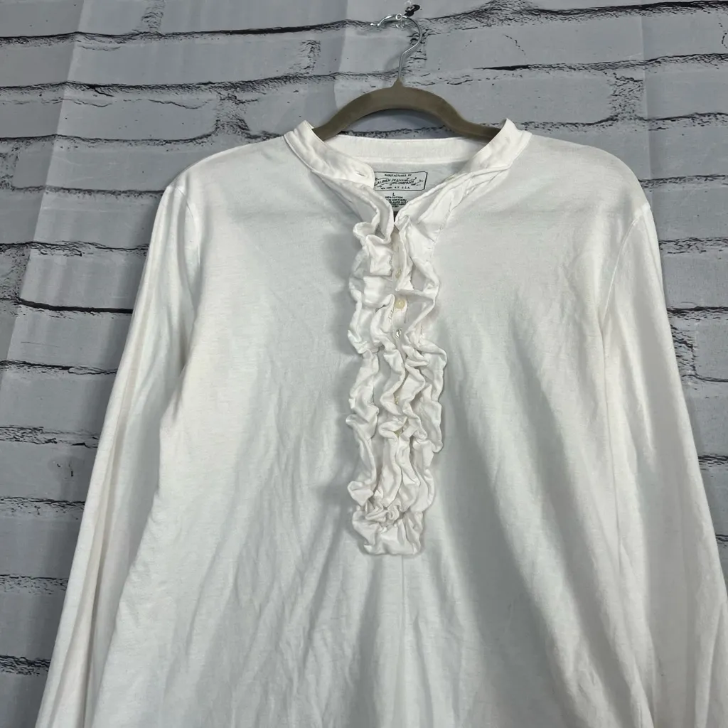 Vintage Lauren Jeans Co Ralph Lauren White Cotton Ruffle Half-Button Blouse L - Image 6