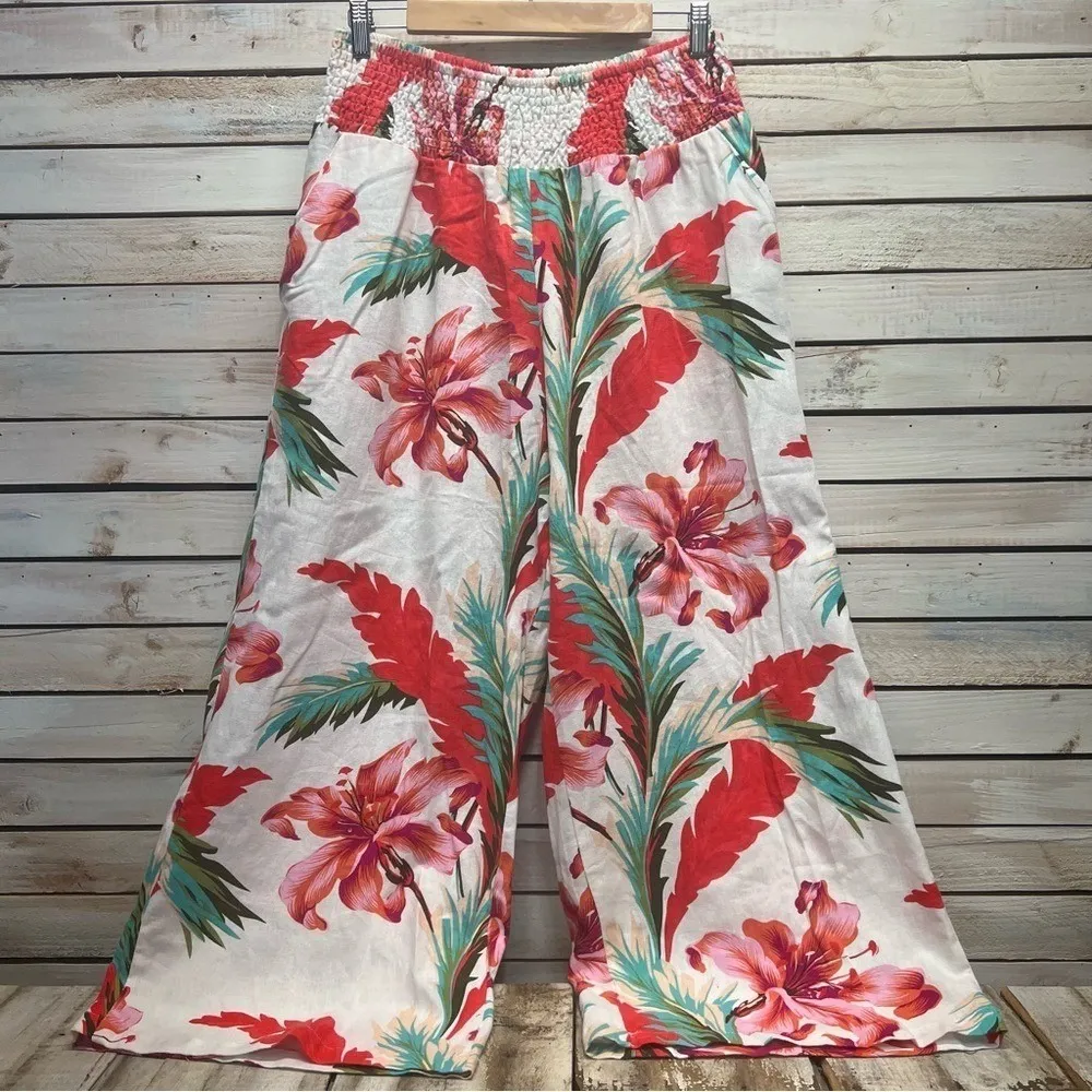 Tahari Linen Blend Wide Leg Floral Pants Smocked Waist Resort Trousers XL - Image 2