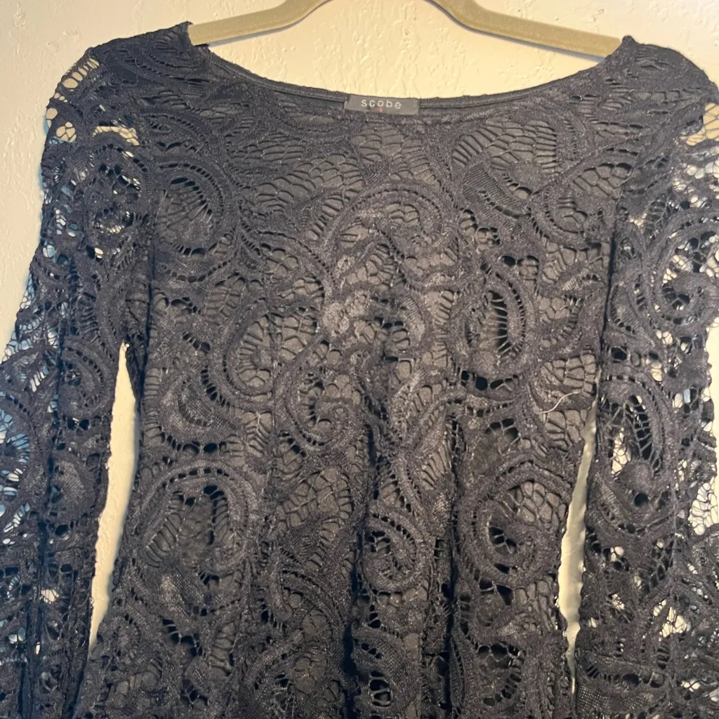 Black Asymmetrical Embellished 3/4 Sleeve Lace Blouse SZ S Petite Lingerie Y2K - Image 5