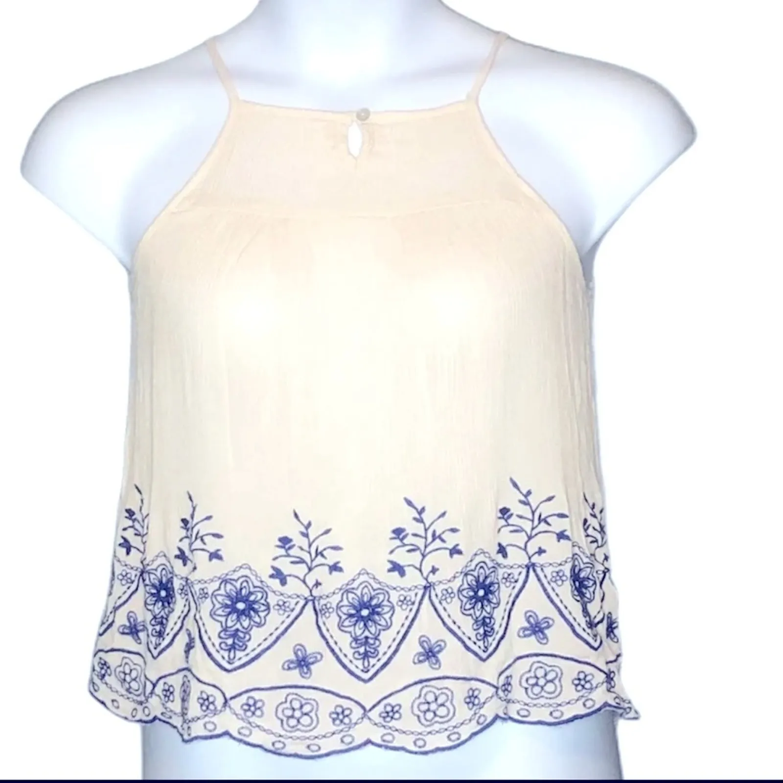 Chloe & Katie Crinkle Embroidered Halter Tank XS Summer Top White - Image 2
