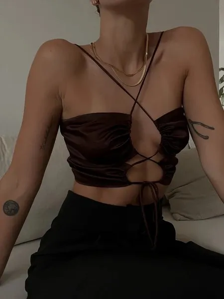 Satin Strappy Tie Top - Brown - Image 6