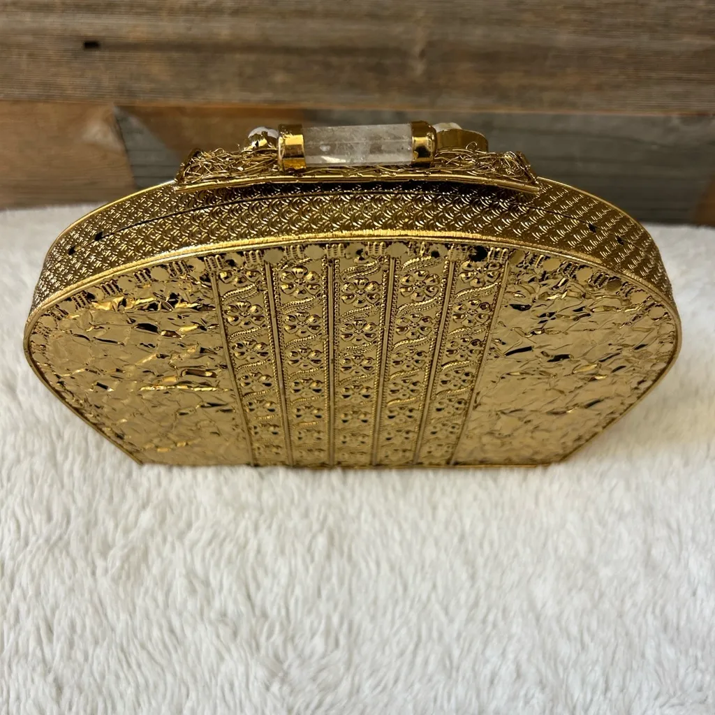 Ramla La Perle Mother of Pearl Brass Gold Clutch with Chain New! - Image 5