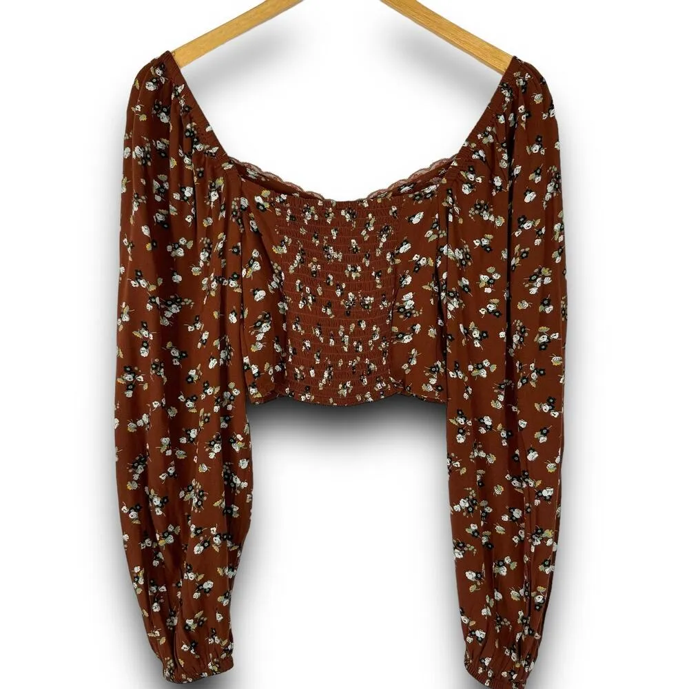 BP Ditsy Brown Floral Long Sleeve Crop Top Lace Neckline Lightweight Smocked XXS - Image 5