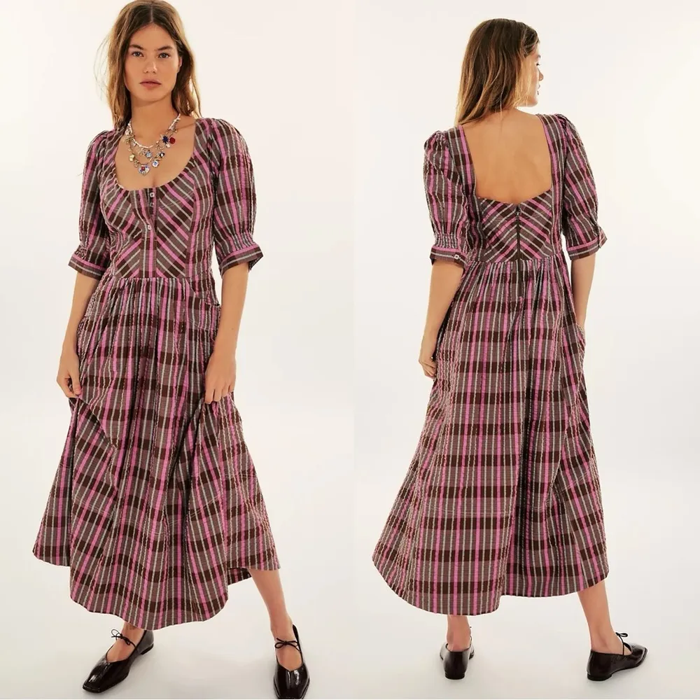 Free People Tulie Plaid Midi Dress Pink Brown Small NWT Western Prairie Preppy - Image 14