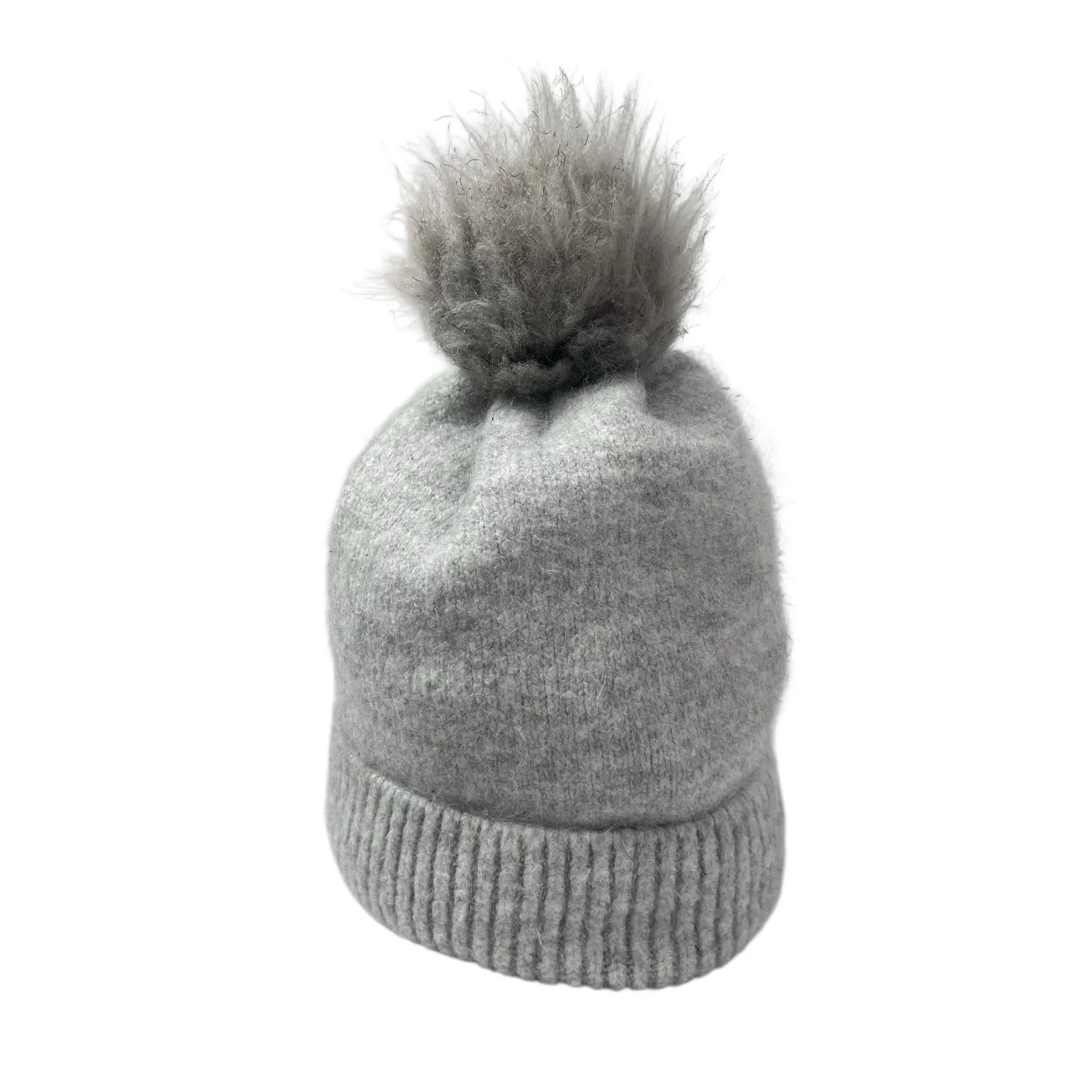 Joy Susan Women's Gray Knit Fleece Lined Ribbed Cuffed Pom Pom Beanie Hat OS - Image 2