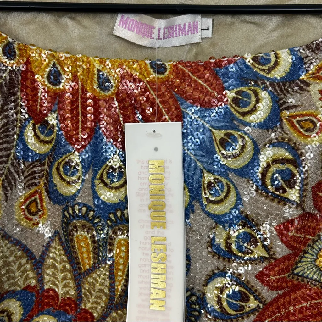 NWT Monique Leshman 100% Silk Colorful Sequin Peacock Belted Mini Dress Large Red - Image 6