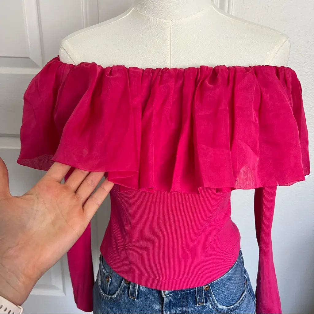 Anthropologie Off-The-Shoulder Hot Pink Organza Ruffle Top - Image 5