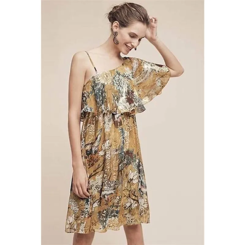 Hemant and Nandita Yellow Silk Metallic One Shoulder Mini Dress Size M - Image 2