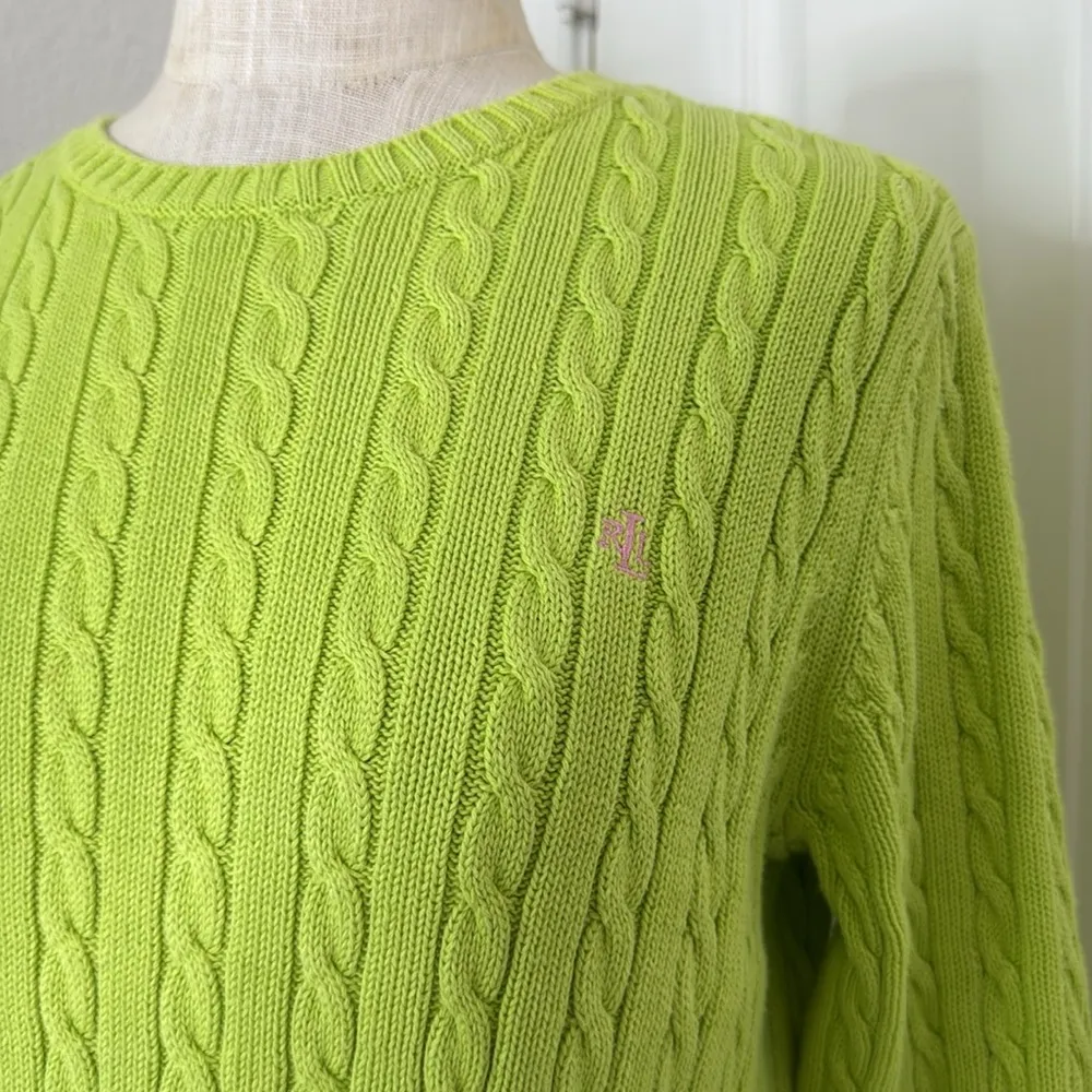 LRL cable knit lime green crew neck sweater Size M - Image 9