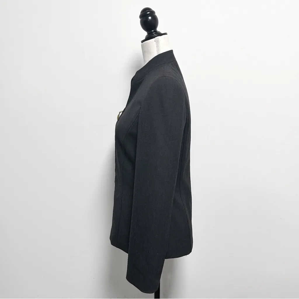 Escada Gray Wool Blend Gold Tone Zipper V Neck Mandarin Collar Blazer Jacket 34 Size undefined - Image 5