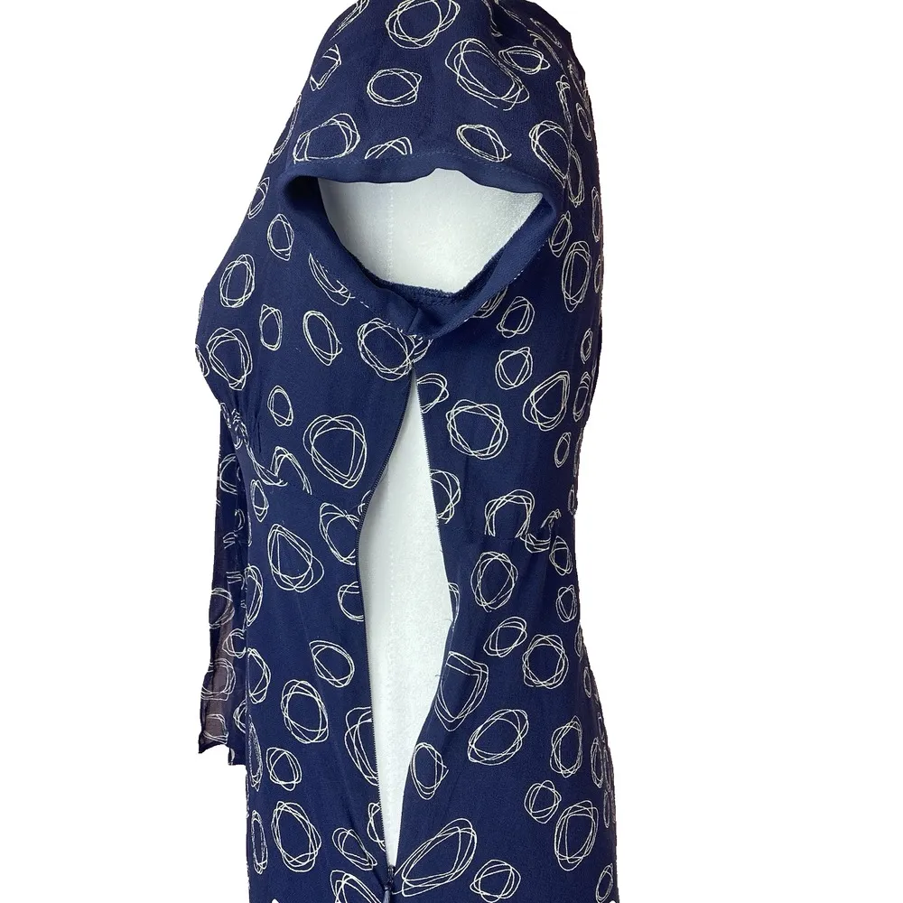 Talbots 100% Silk Midi Dress‎ Blue Short Sleeve Side Zip Sheath Women's Size 2 - Image 3