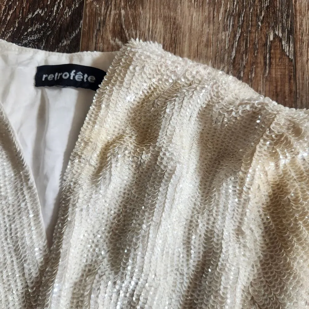 Retrofete Gabrielle Robe Dress in White Sequins Size XS Long Sleeve Wrap Belt - Image 12