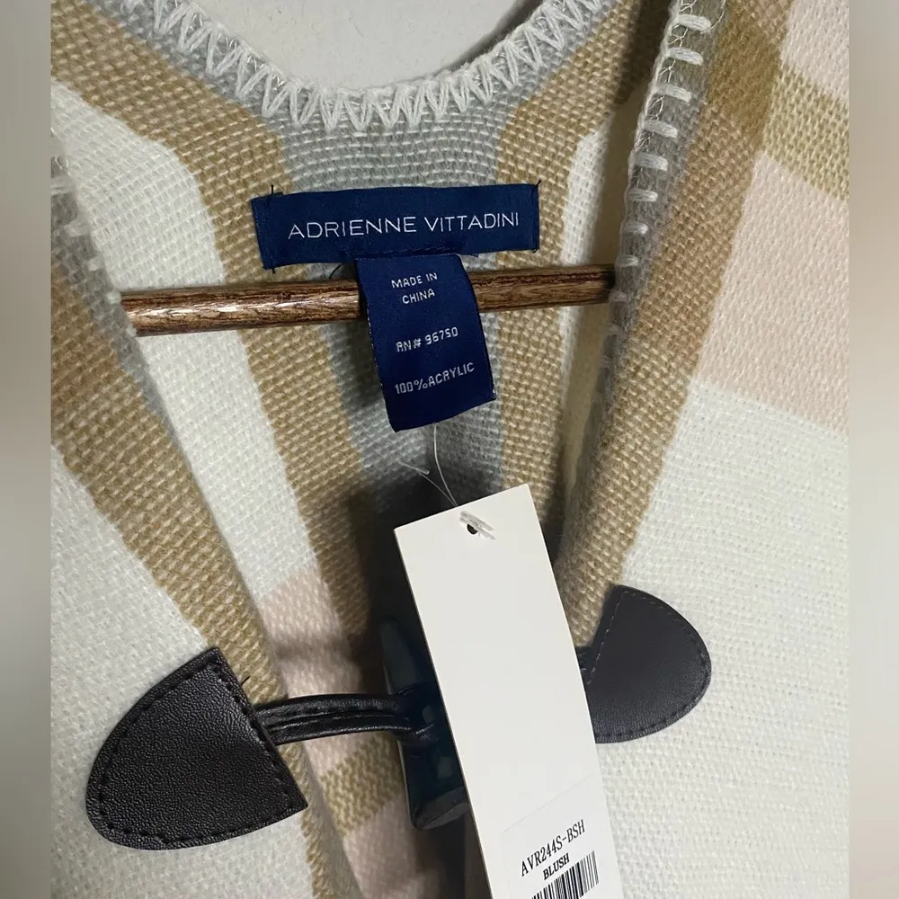 Women’s NWT Neutral Tan Cream Pink Plaid Shawl Poncho Cape High Low One Size - Image 2