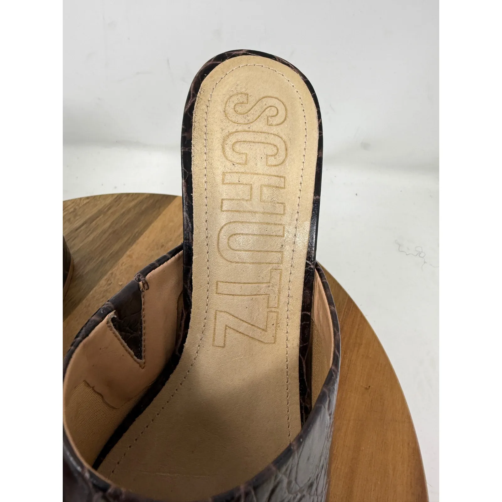 Schutz Brown Croc Embossed Platform Block Heel Mules Size 9.5B - Image 3