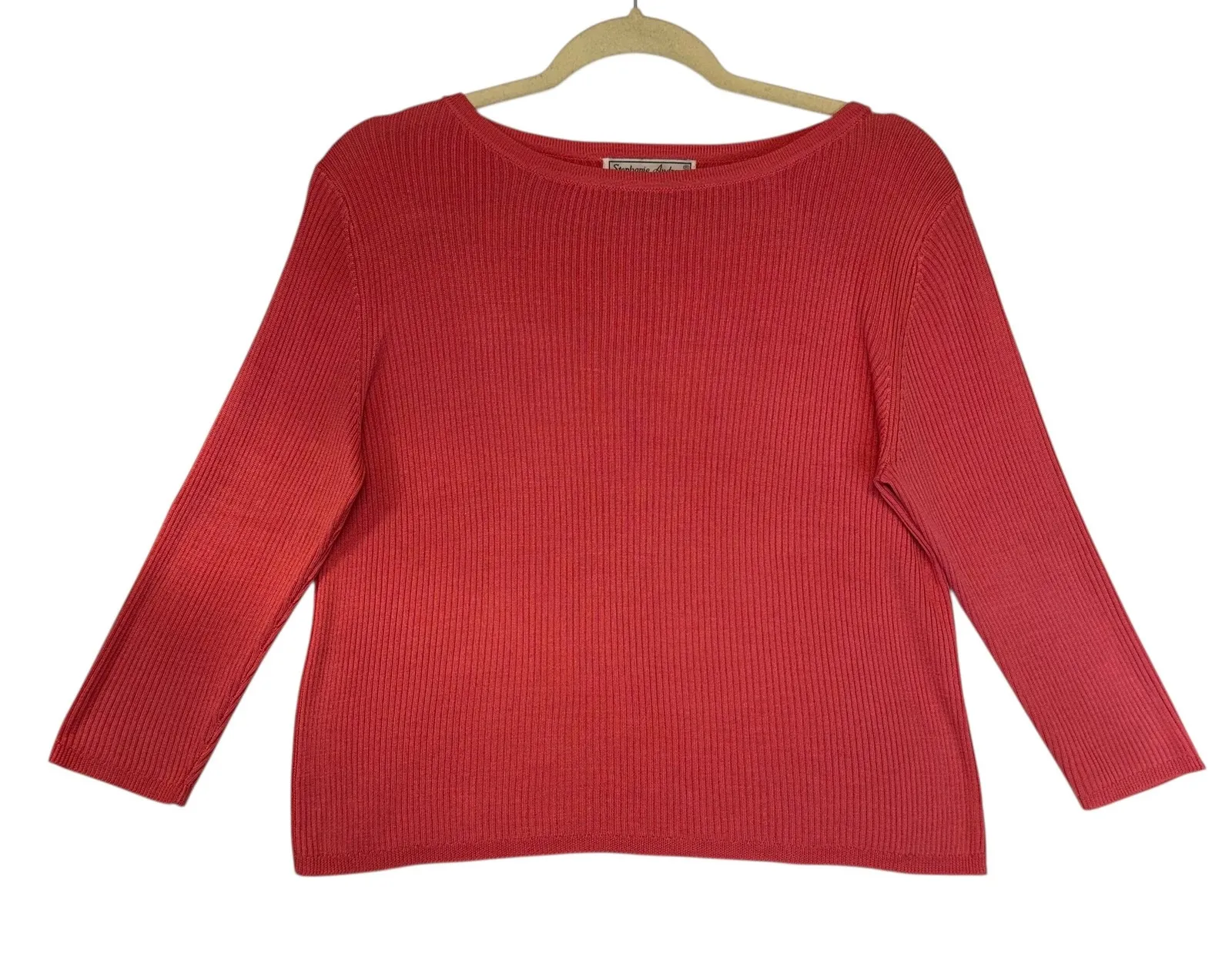 Stephanie Andrews Coral Ribbed 100% Silk Boat Neck Sweater Classic Staple Sz 4P Red - Image 1