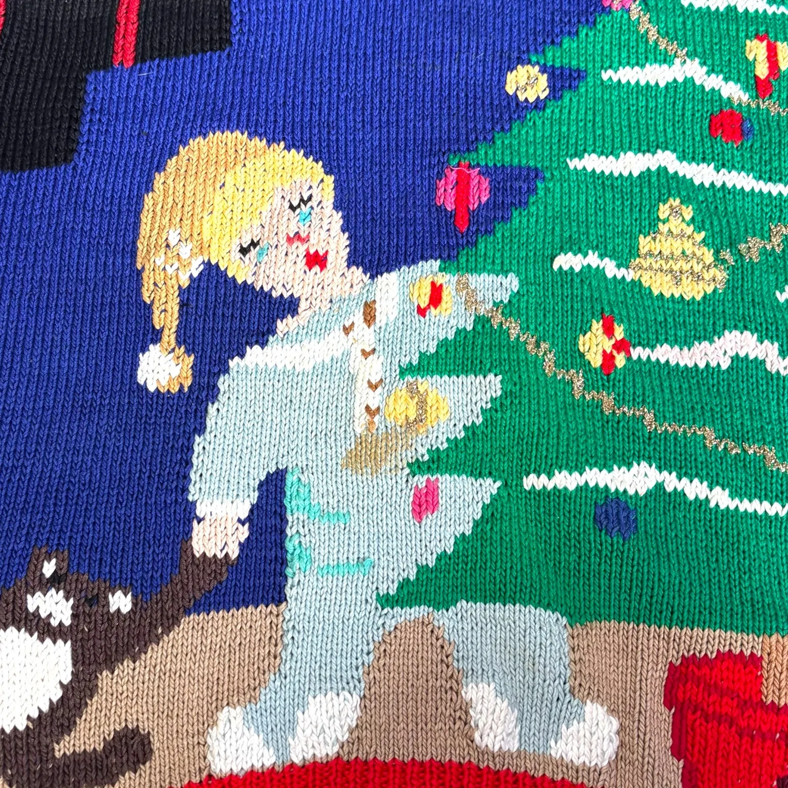 Vintage Berek 80s Hand Knit Christmas Vest Santa Tree Scene Pima Cotton Festive Blue Size L - Image 7