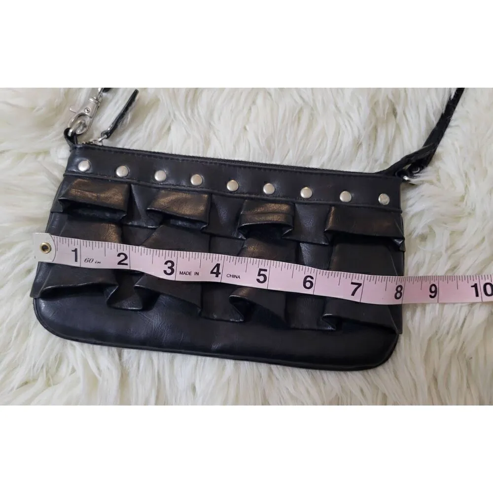 Steve Madden Black Studded Ruffled Clutch Wristlet With Leopard Print Interior - Image 6