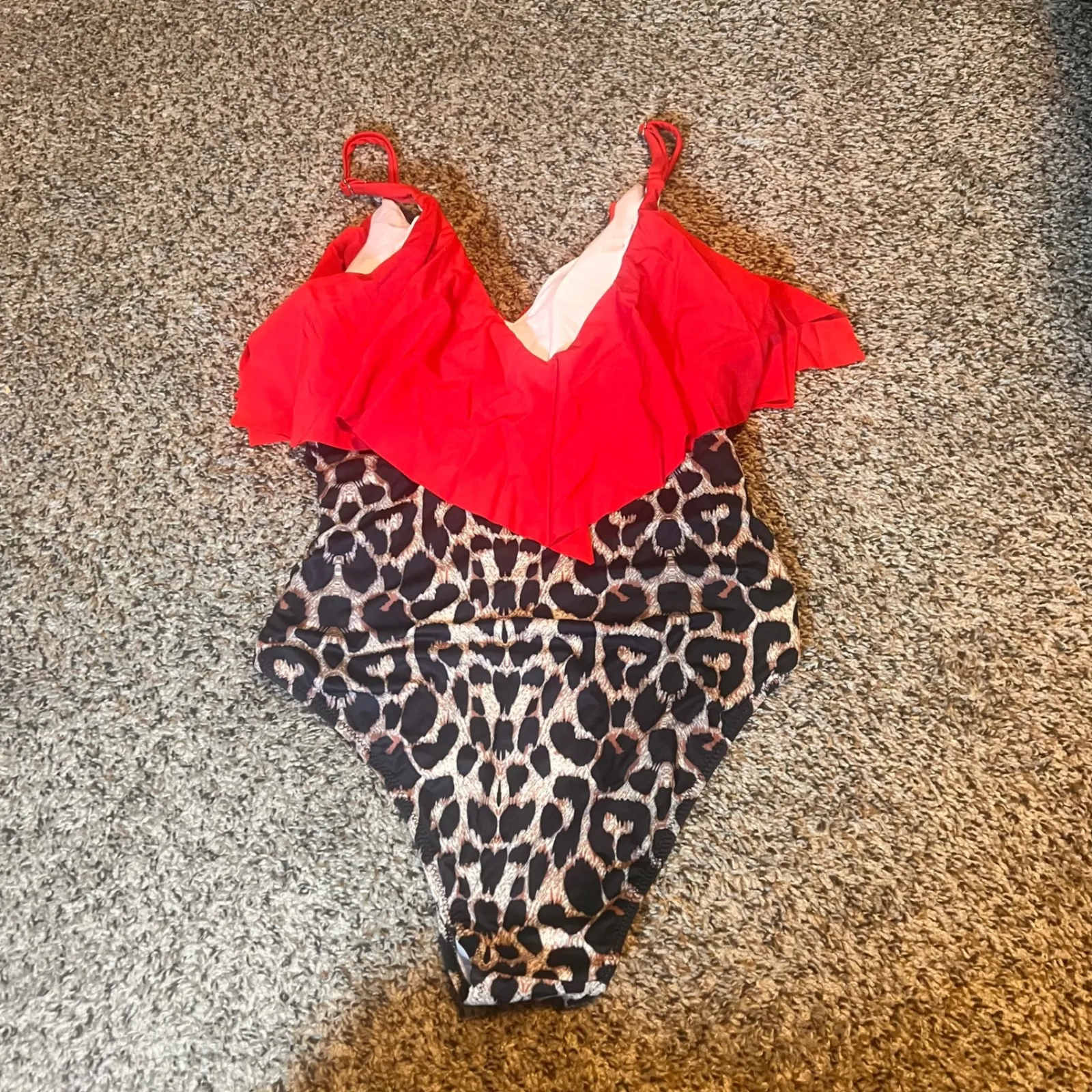 Red‎ Ruffle One Piece Swimsuit Leopard Print Bottom Women's Swimwear L Red Size L - Image 2