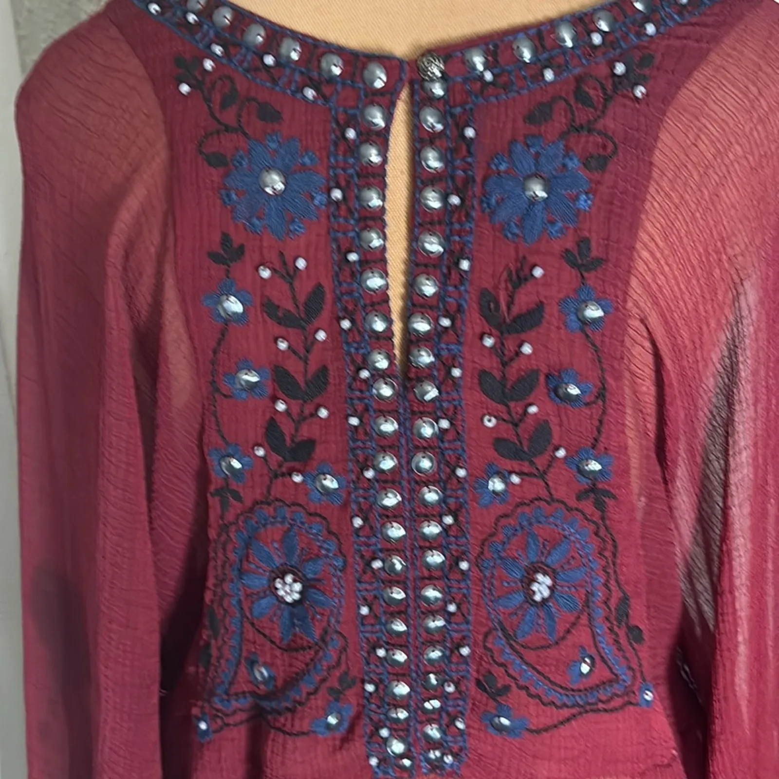 Free People Promesa Peasant Tunic Blouse Sheer Beaded Embroidered Boho M Indie - Image 6
