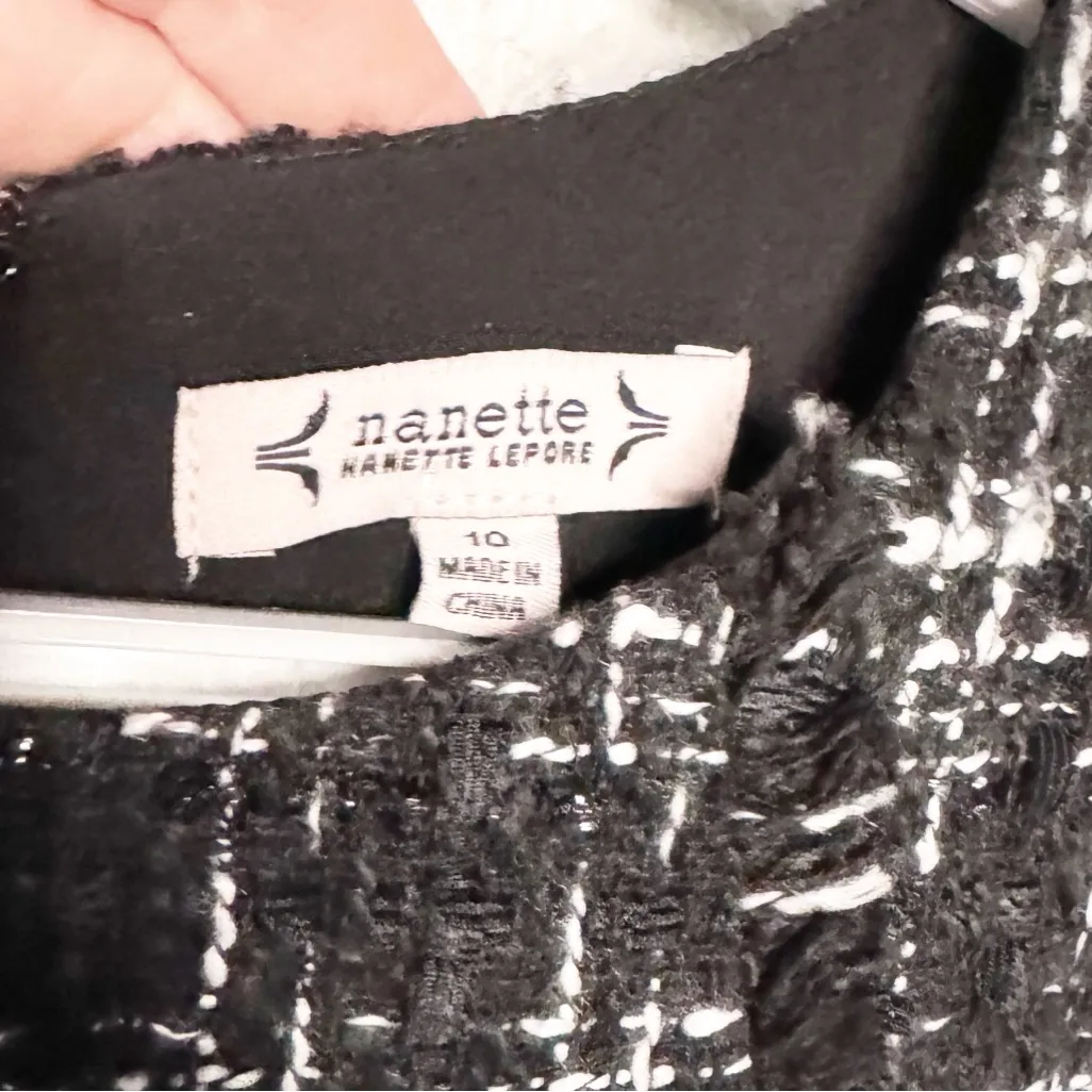 NWT NANETTE LEPORE BLACK WHITE PLAID FRINGE TWEED DRESS SZ 10 - Image 2