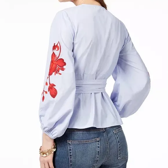 INC International Concepts Red and Blue Embellished Wrap Blouse Size L - Image 4