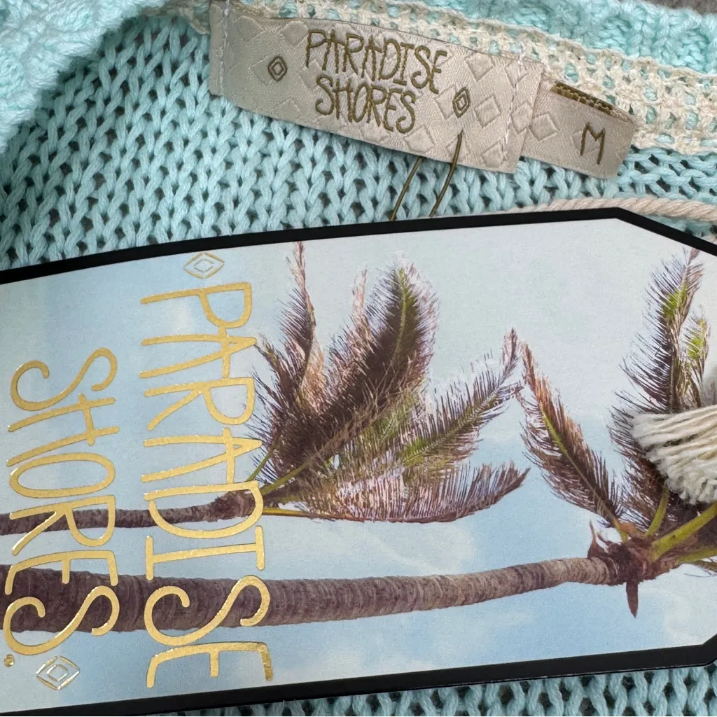 Paradise Shores Open Knit Mesh Beach Sweater Swim Cover Aqua Green Medium - Image 9