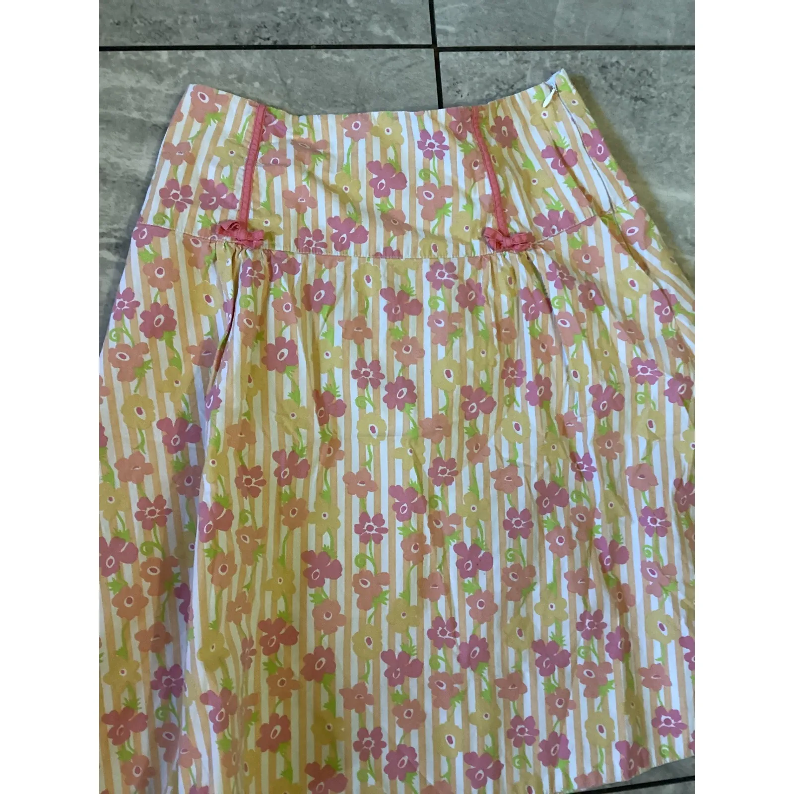 ELEVENSES Women's Size 2 Yellow Pink Floral Stripe A-Line Skirt Cotton Blend - Image 2