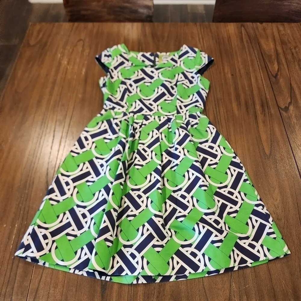 Elizabeth McKay Green & Navy A Line Geo Print retro cotton silk mini dress Size 2 - Image 5