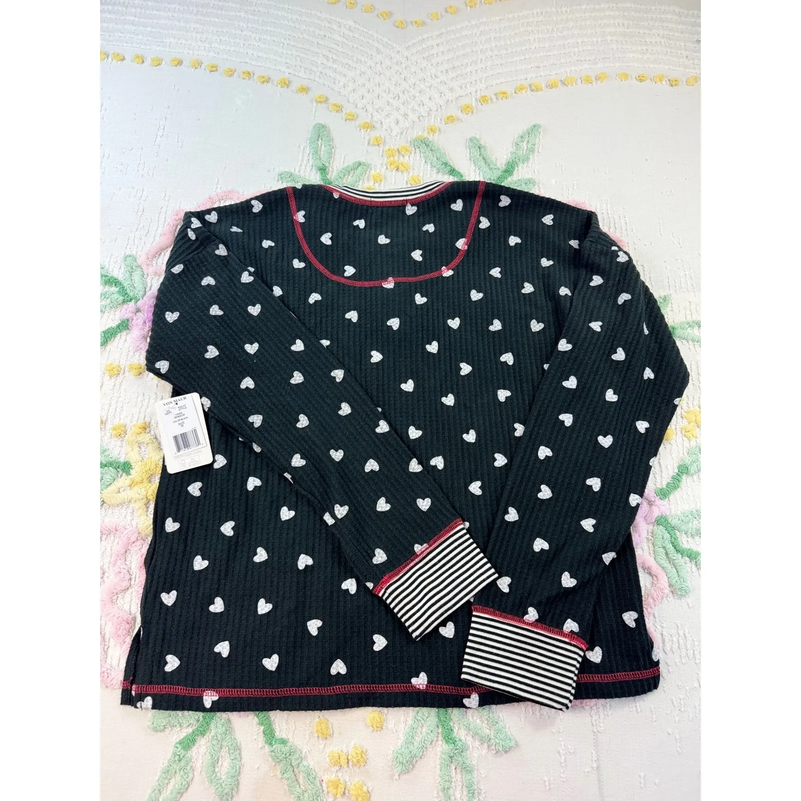 PJ Salvage Black White Heart Thermal Long Sleeve Pajama‎ Top Women's M Size M - Image 2