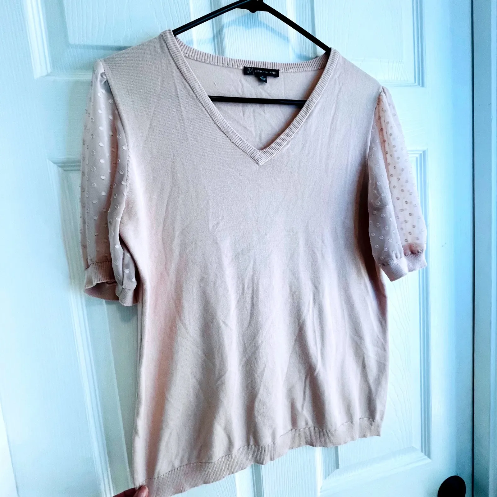 Adrianna Papell Pink V Neck Sheer Dot Sleeve Sweater Top Womens Medium
Romantic - Image 6