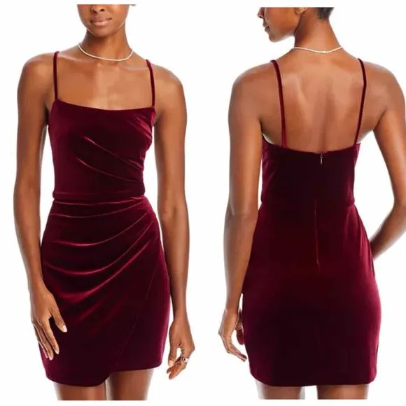 AQUA Ruched Velvet Mini Party Stretch Holiday Dress Size 8 Burgundy - Image 3