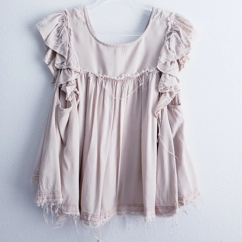Anthropologie Angel Of The North Distressed Cream V-Neckline Blouse - Image 6
