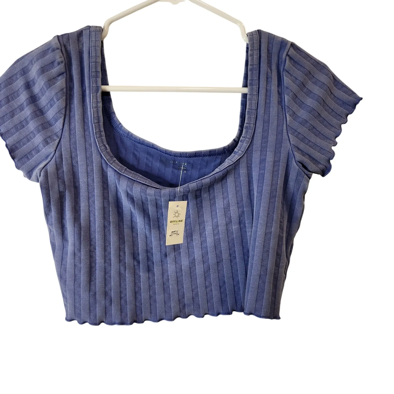 OFFLINE By Aerie Short Sleeve Square Neck Ribbed OG Groove Crop Tee Blue Medium - Image 3