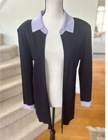 Misook Navy & Lavender Purple Ribbed Open Long Sleeve Collared Cardigan - Image 1