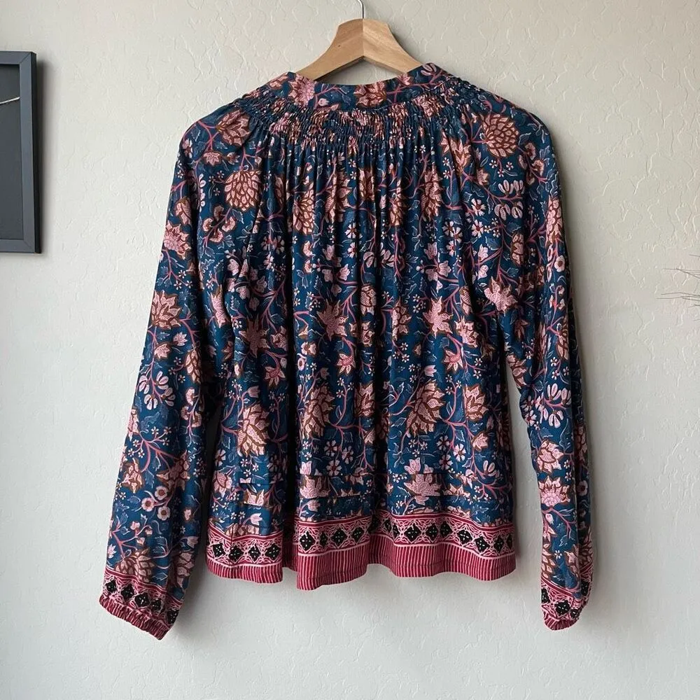 Nat by Natalie Martin Blue‎ Floral Print Tassel Peasant Blouse Size Small - Image 7