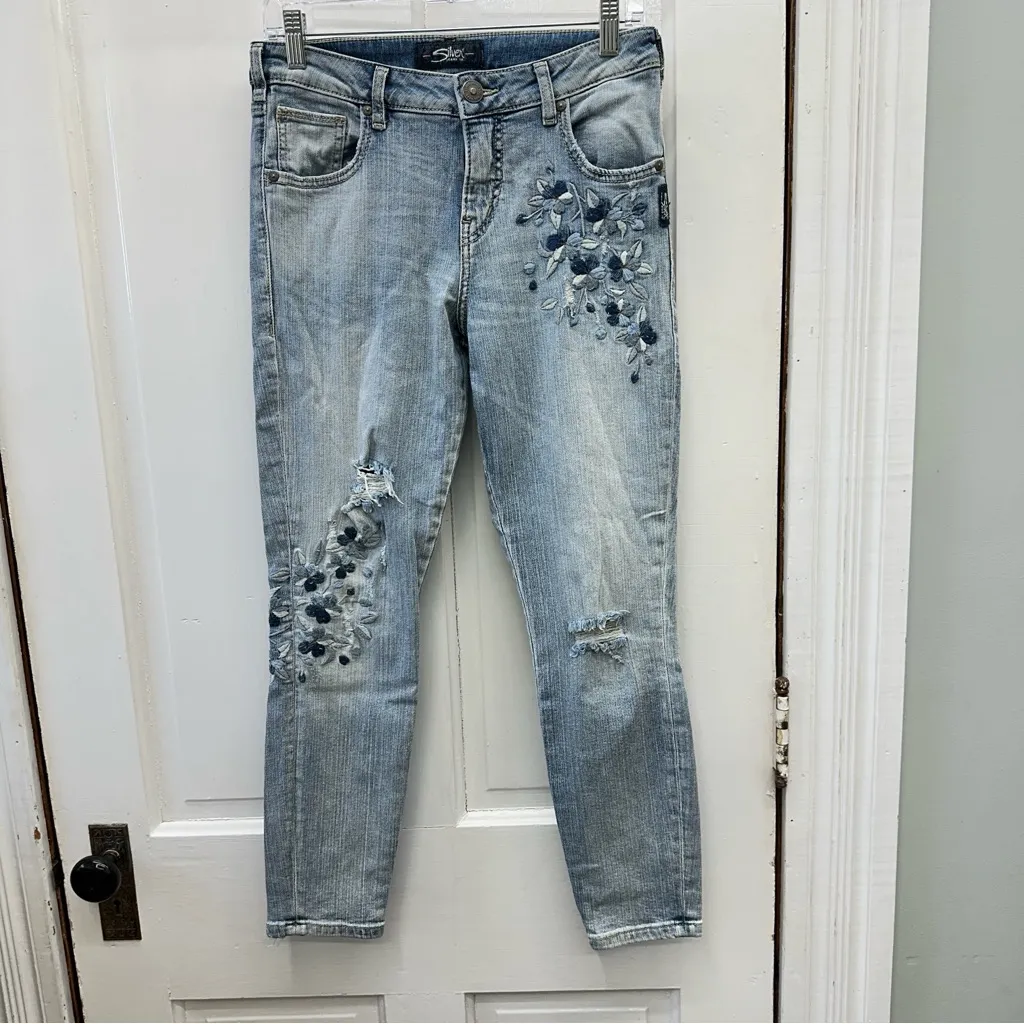 Silver Izzy ankle skinny distressed denim embroidered floral jeans women's 27 - Image 3